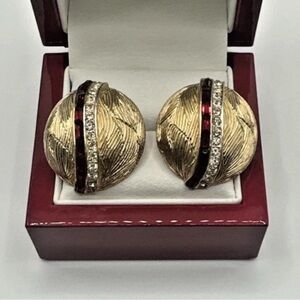 Coro Gold Tone Button Earrings Crystal Red Ruby Line Swirl Clip Vtg Dome Brushed